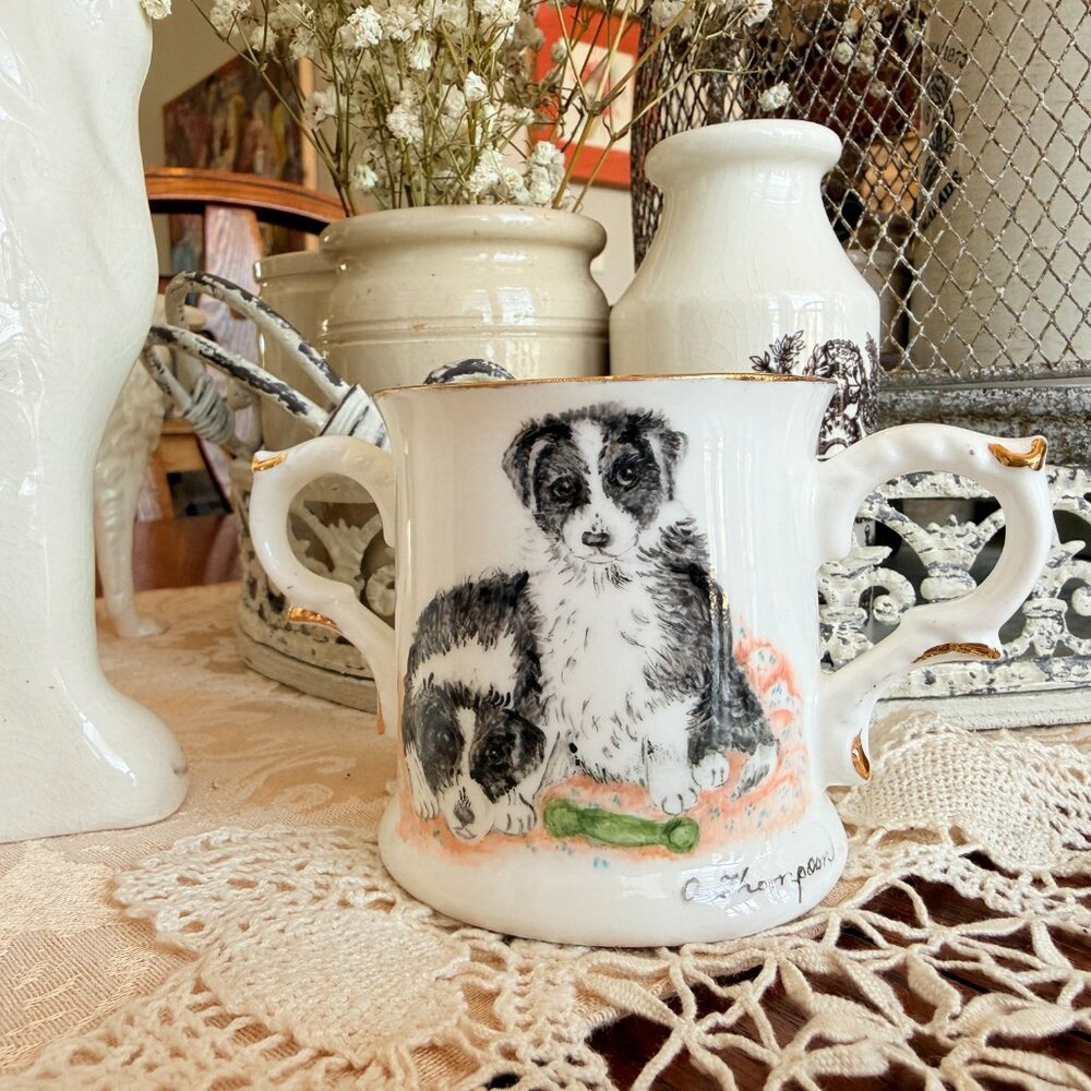 Vintage Loving Cup/Caudle Cup with Hand Painted Puppies from England